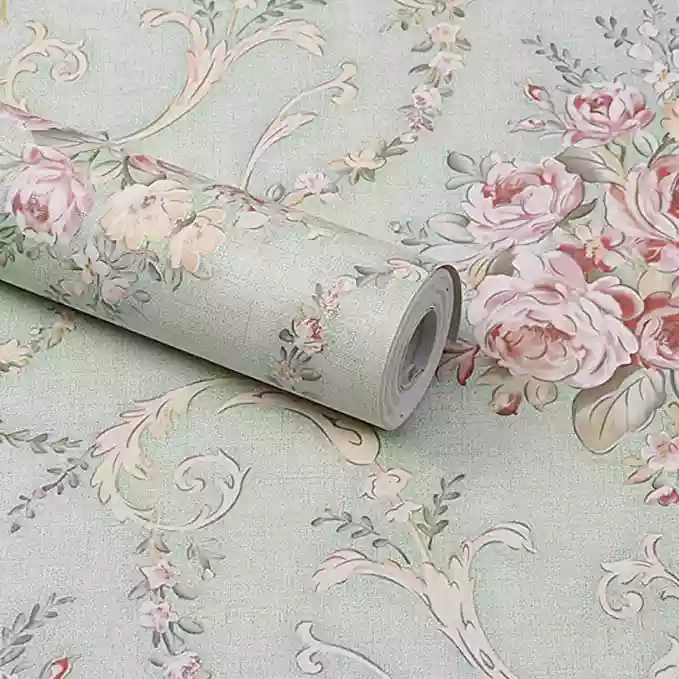 Wolpin Wall Stickers DIY Decals Wallpaper (45 x 300 cm) Damask Flower Self Adhesive, Sage Green